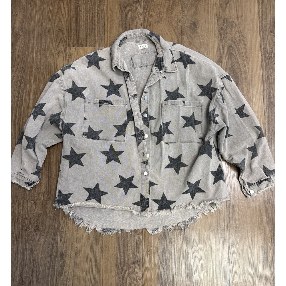 POL Gray Black Denim Distressed Denim Jacket Western Grunge 90s Streetwear